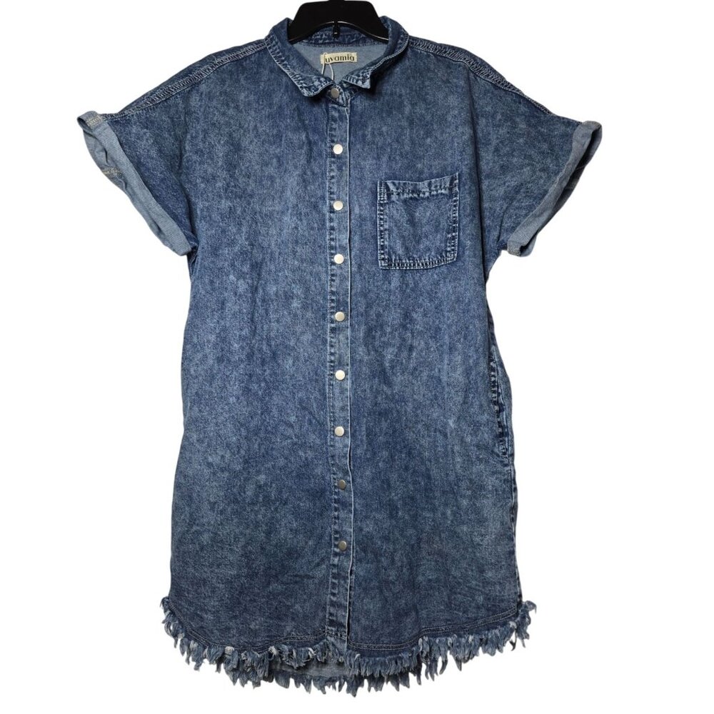 Denim Button-Front Shirt Dress in Washed Blue